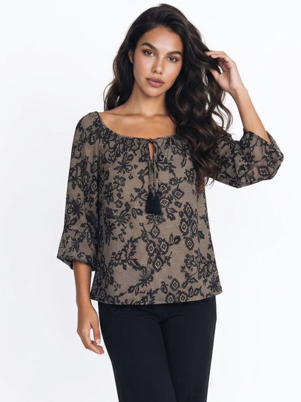 Betsey Johnson Y2K Black and Taupe Floral Tie-Neck Blouse Medium